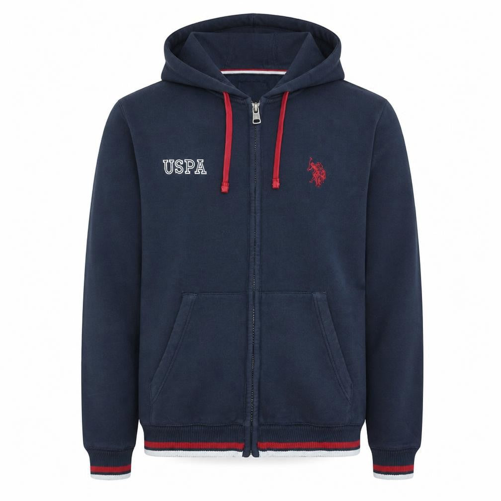 Front view of U.S. Polo Assn. Men's Blue Full Zip Hoodie, size L, Embroidered Logo