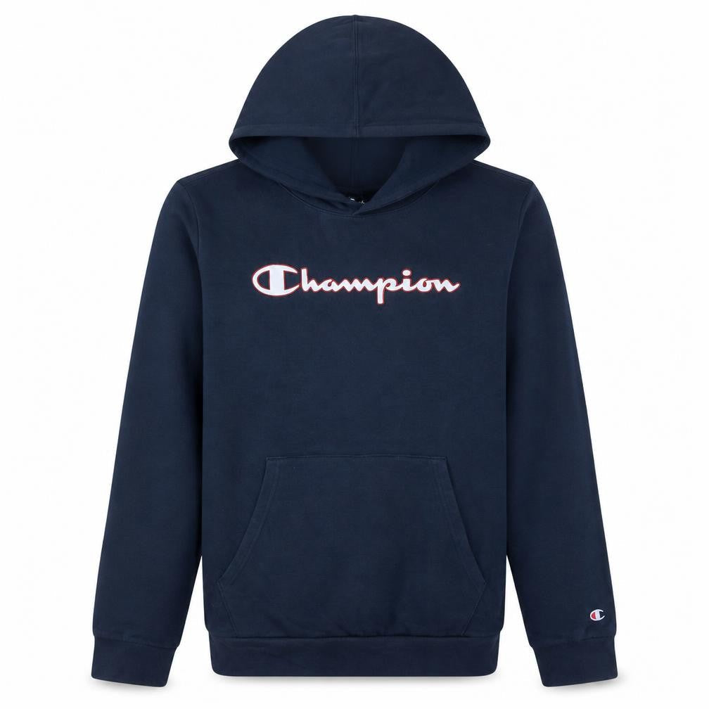 Front view of Champion boys’ blue pullover hoodie 15-16 years logo fleece sweatshirt
