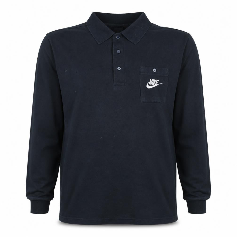 Front view of Nike Men's Black Long Sleeve Cotton Polo Shirt, size L, 42/44