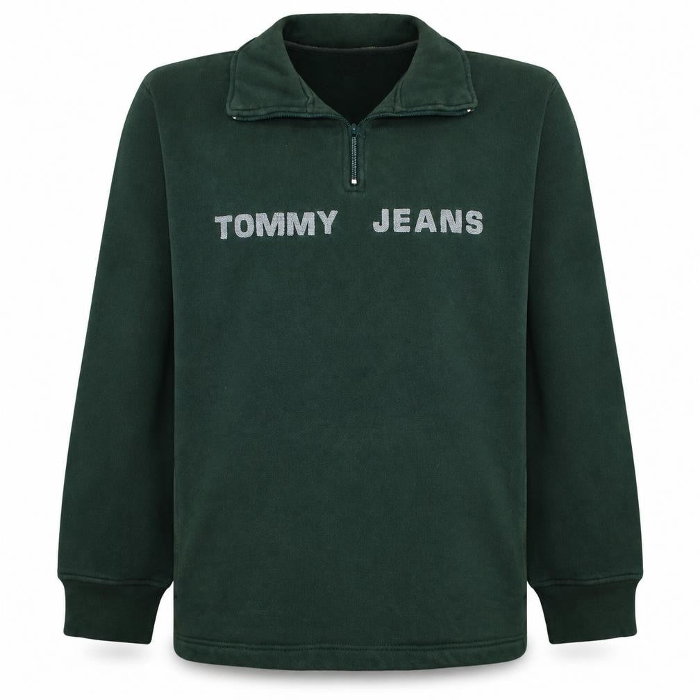 Front view of Tommy Jeans Women's Green 1/4 Zip Pullover Sweatshirt, size S