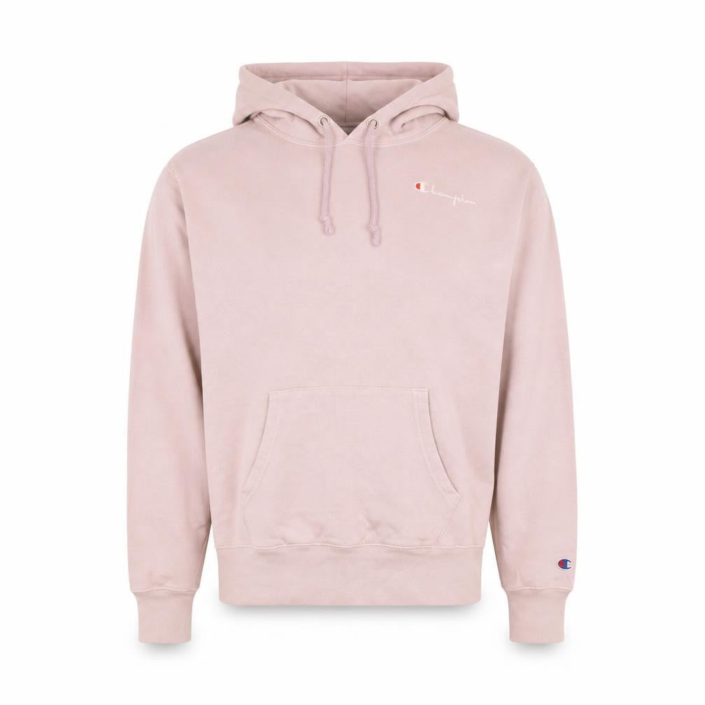 Front view of Champion Men's Pink Pullover Hoodie Small Embroidered Logo