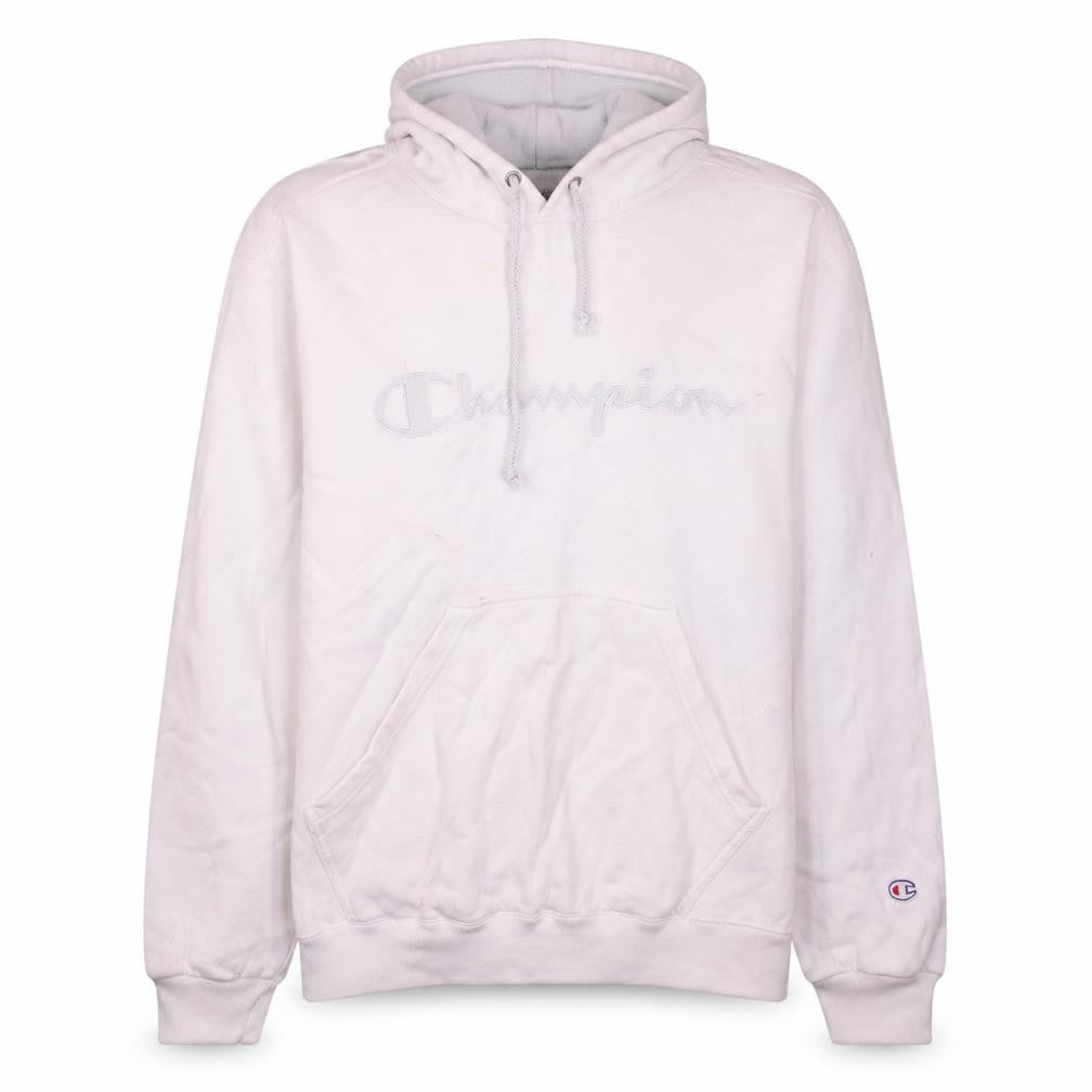 Front view of Champion Men's White Pullover Hoodie Medium Embroidered Logo
