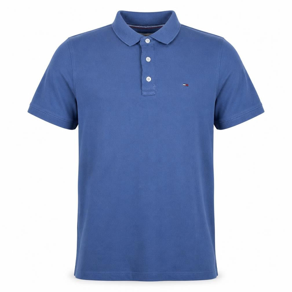 Front view of Tommy Hilfiger Denim Men's Blue Cotton Polo Shirt, size L