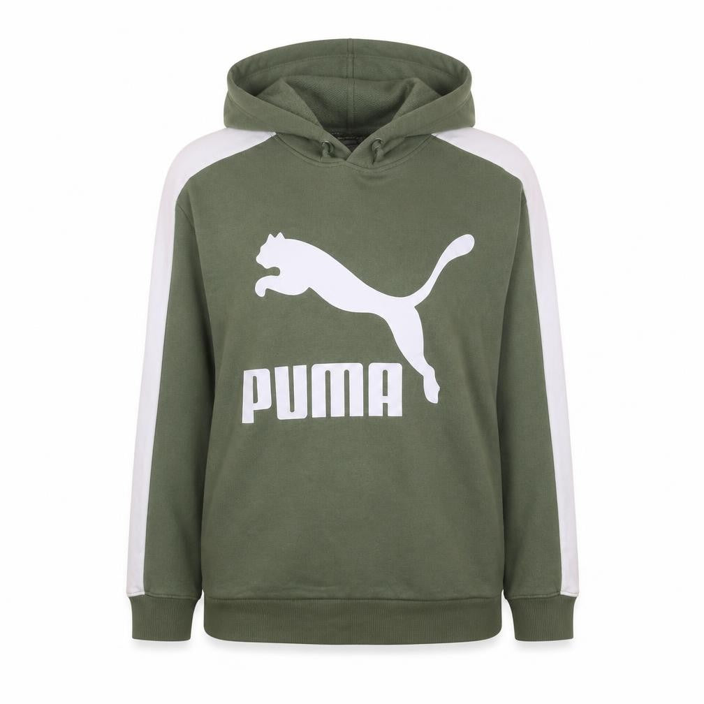 Front view of Puma Women's Green White Pullover Hoodie, size 12, Logo Print