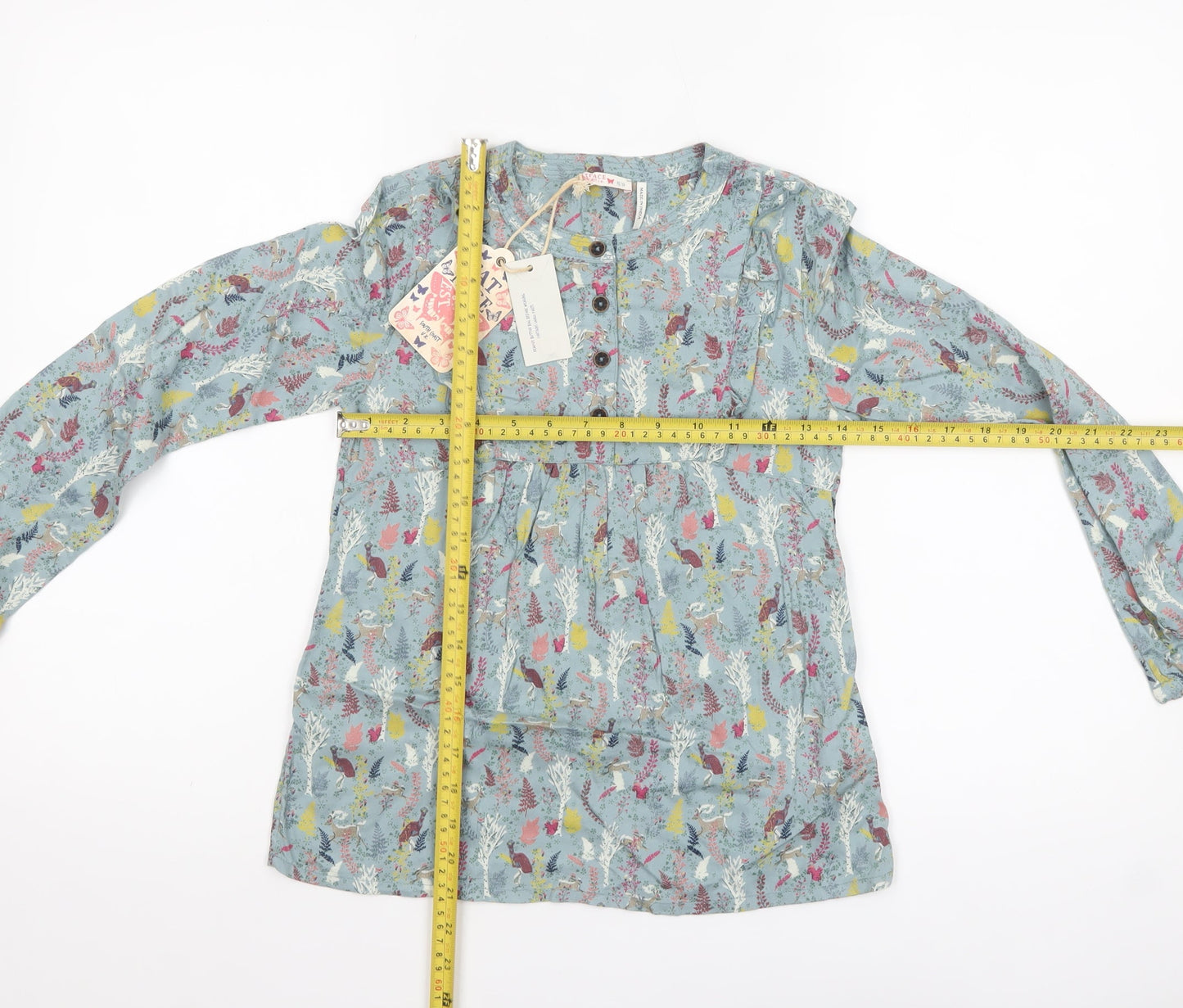 FatFace Girls Blue Enchanted Forest Blouse 8-9 Years Viscose Long Sleeve