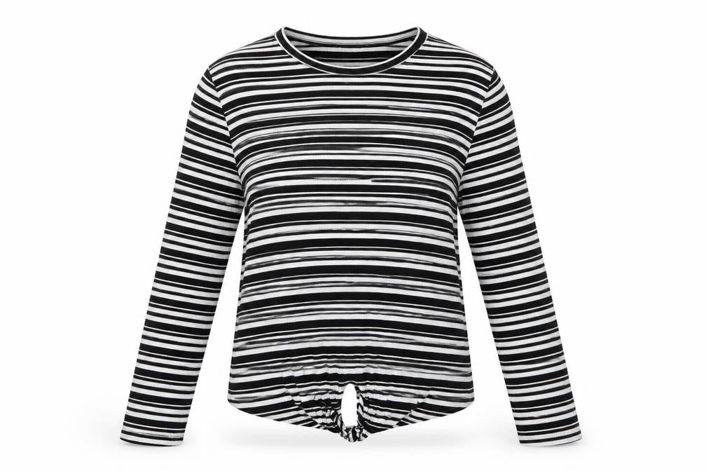 Front view of Red Herring women’s black striped long sleeve jersey t-shirt, size UK 14