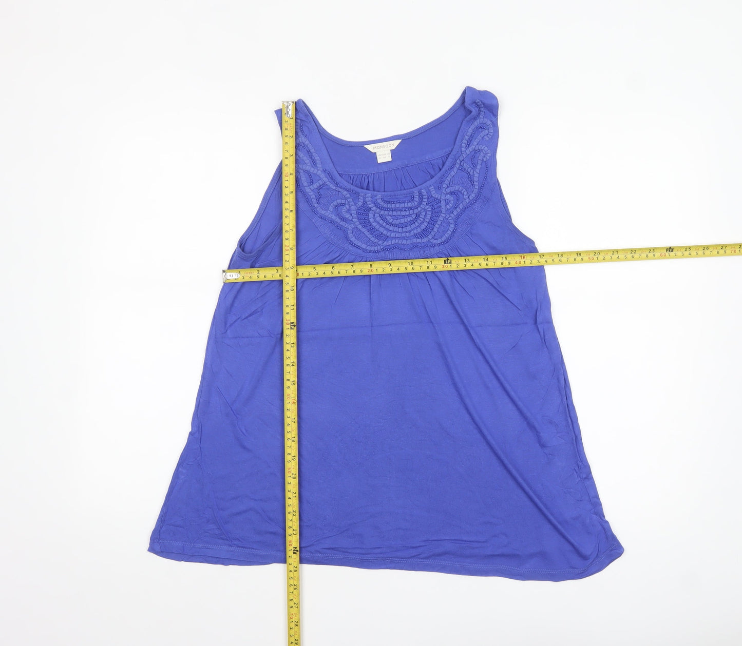 Monsoon Women's Blue Beaded Scoop Neck Sleeveless Tank Top UK 10