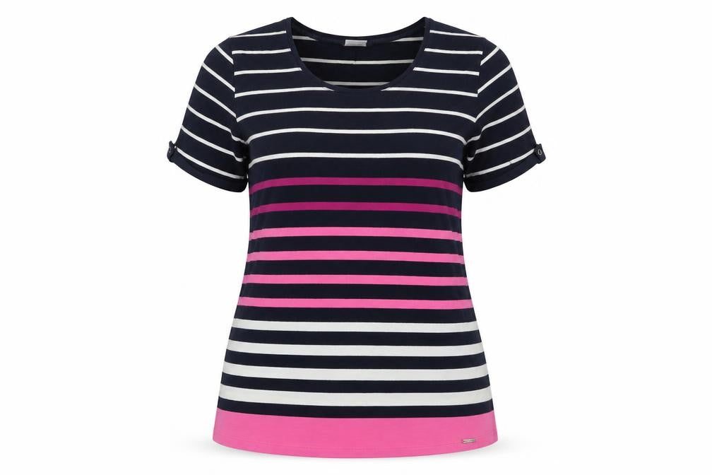 Front view of Your Sixth Sense women’s multicoloured striped short sleeve cotton t-shirt, size UK 20