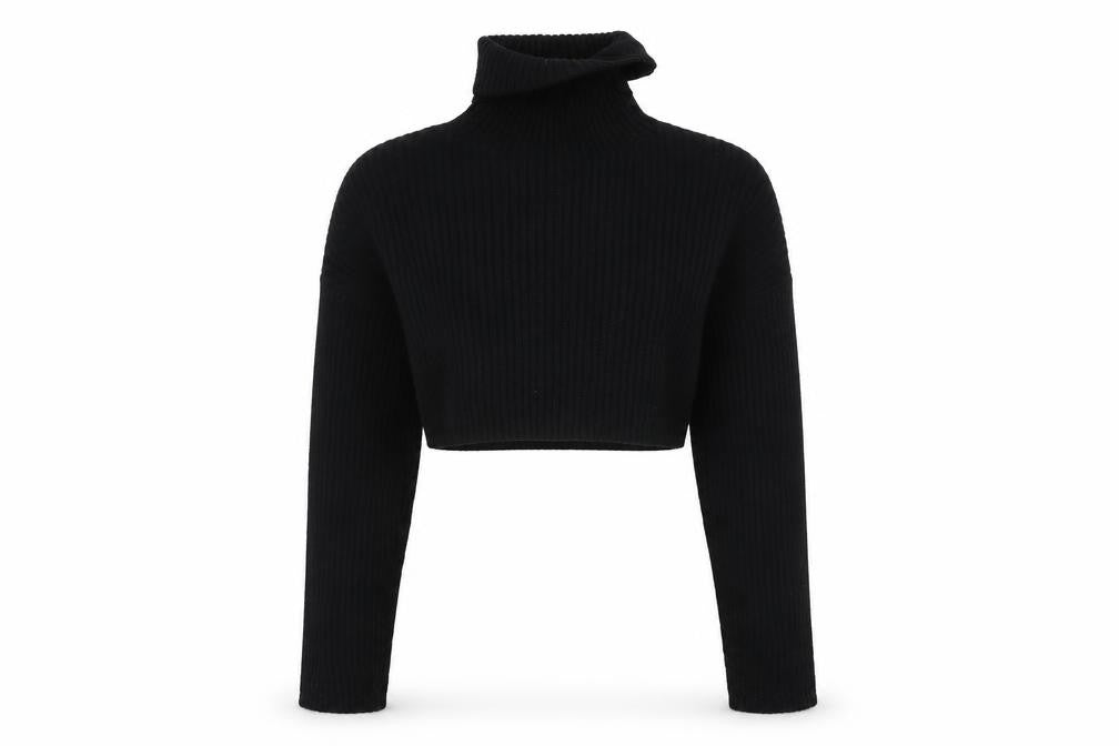 Front view of Zara Women Black Roll Neck Cropped Ribbed Knit Jumper, size S