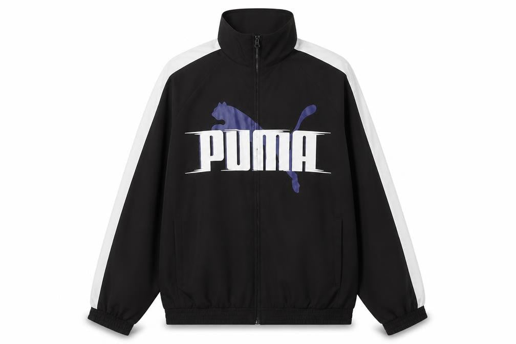 Front view of Puma boys’ black stand-up collar full zip track jacket, size 164