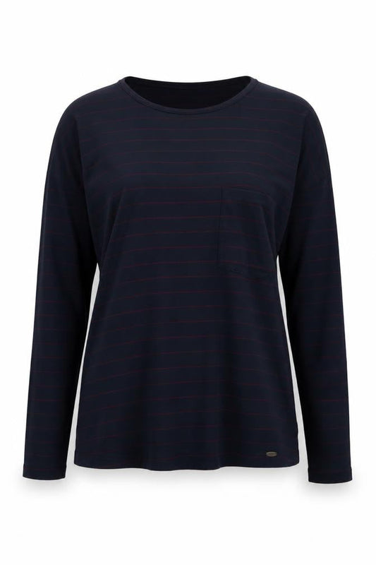 Front view of O'Neill Women's Blue Striped Long Sleeve Cotton T-Shirt XS