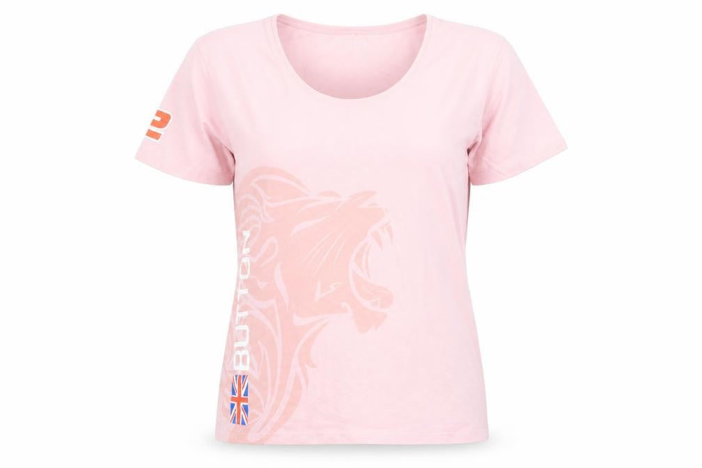 Front view of McLaren Honda women’s pink xl t-shirt short sleeve racing top