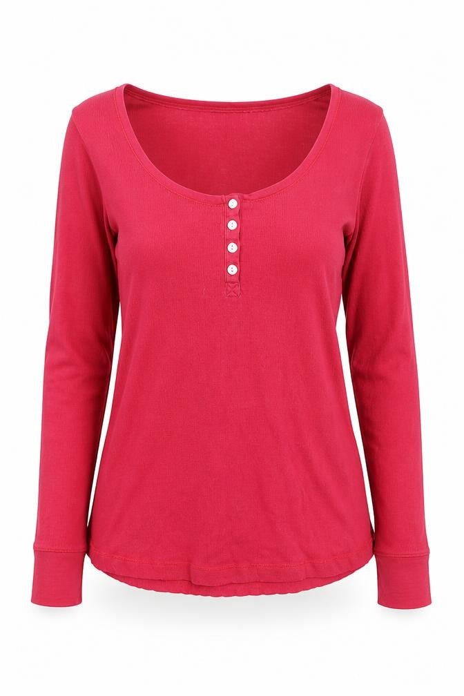 Front view of FatFace Women’s Red Long Sleeve Button Scoop Neck Cotton T-Shirt UK 10