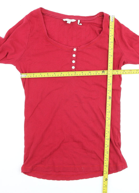 FatFace Women’s Red Long Sleeve Button Scoop Neck Cotton T-Shirt UK 10