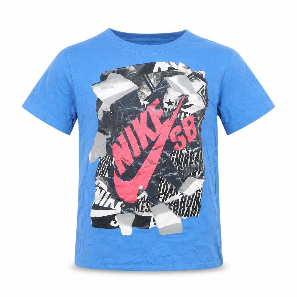 Front view of Nike SB boys’ blue graphic skateboarding t-shirt, size 8-10, years