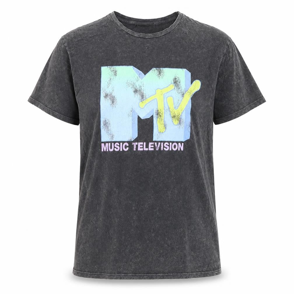 Front view of George girls’ black mtv graphic t-shirt 14-16 years acid wash cotton