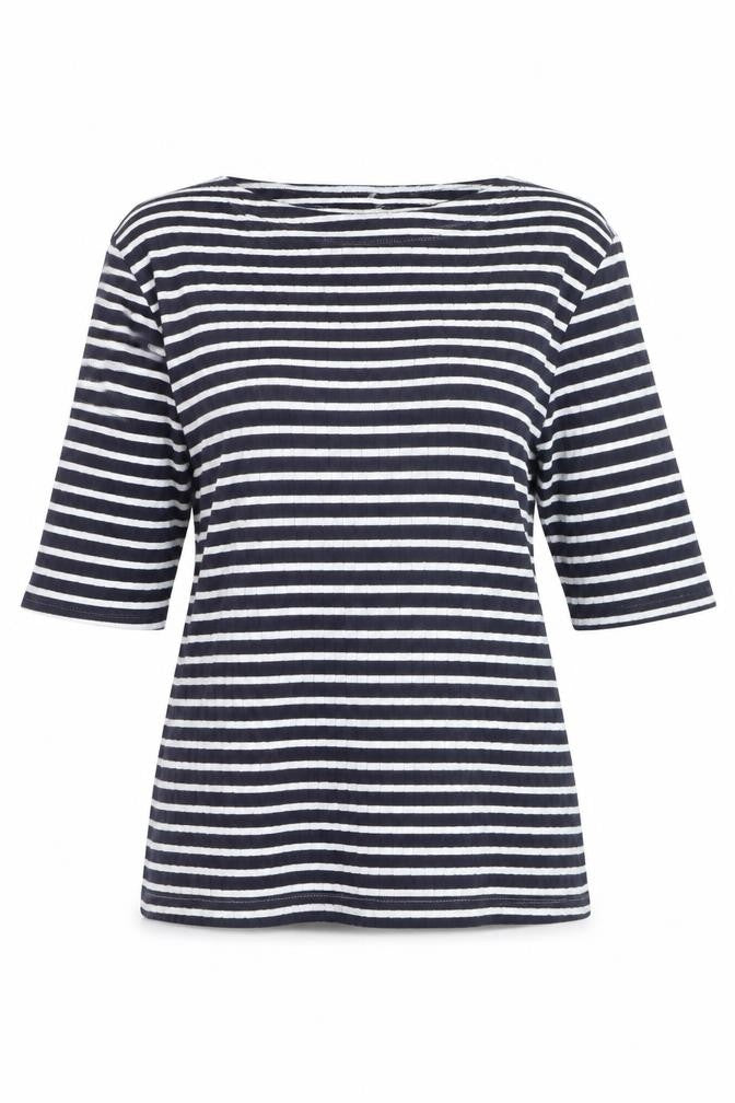 Front view of Uniqlo Women's Blue Striped Boat Neck 3/4 Sleeve Jersey T-Shirt L