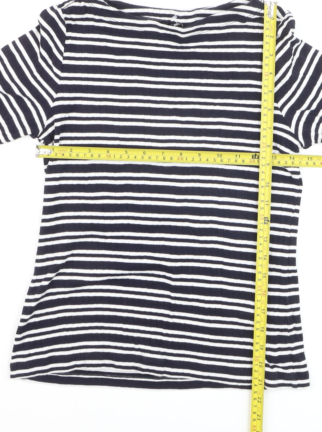 Uniqlo Women's Blue Striped Boat Neck 3/4 Sleeve Jersey T-Shirt L