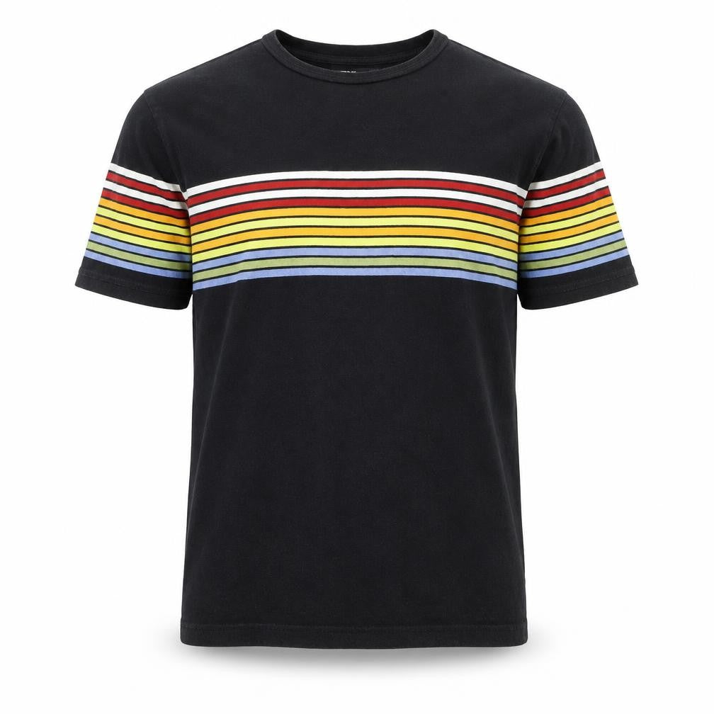 Front view of BDG Men’s Black Striped Retro Crew Neck Cotton T-Shirt, size M