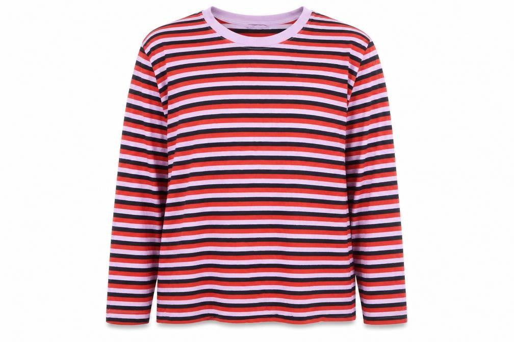 Front view of Marks & Spencer Women’s Multicoloured Striped Long Sleeve Cotton T-Shirt, size UK 16