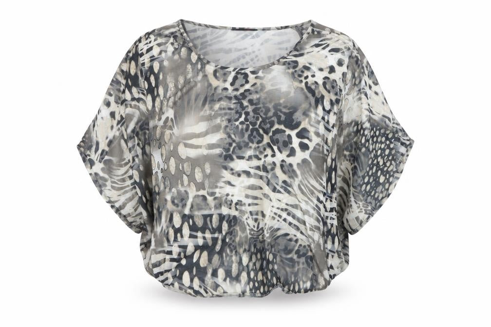 Front view of Miss Selfridge Women Grey Animal Print Sheer Crop Blouse, size 10