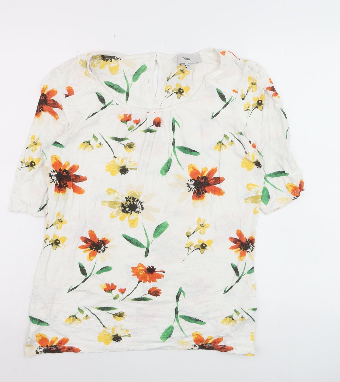 Next Women White Floral Short Sleeve Blouse Size 14 Viscose Blend