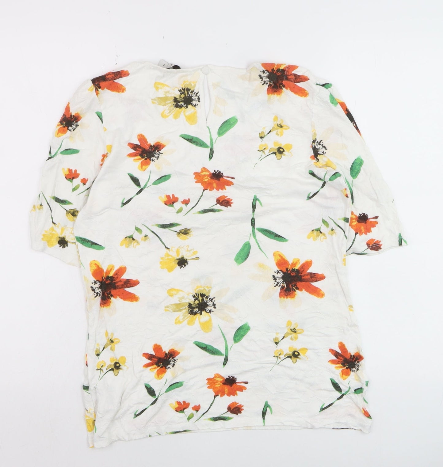 Next Women White Floral Short Sleeve Blouse Size 14 Viscose Blend