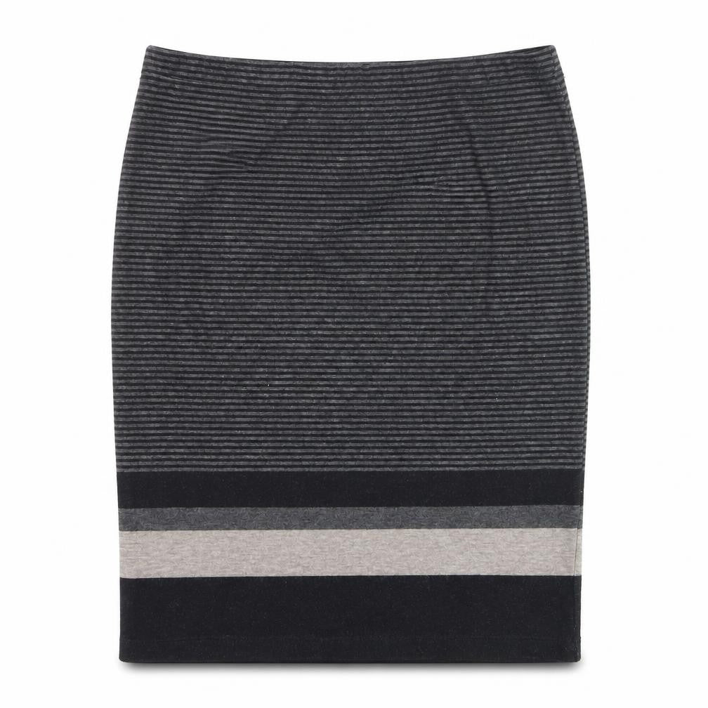 Front view of Max Studio Women’s Grey Striped Pencil Knit Skirt, size M