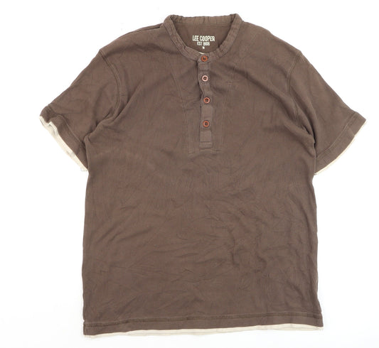 Lee Cooper Men Brown Henley Short Sleeve Cotton Casual Shirt M