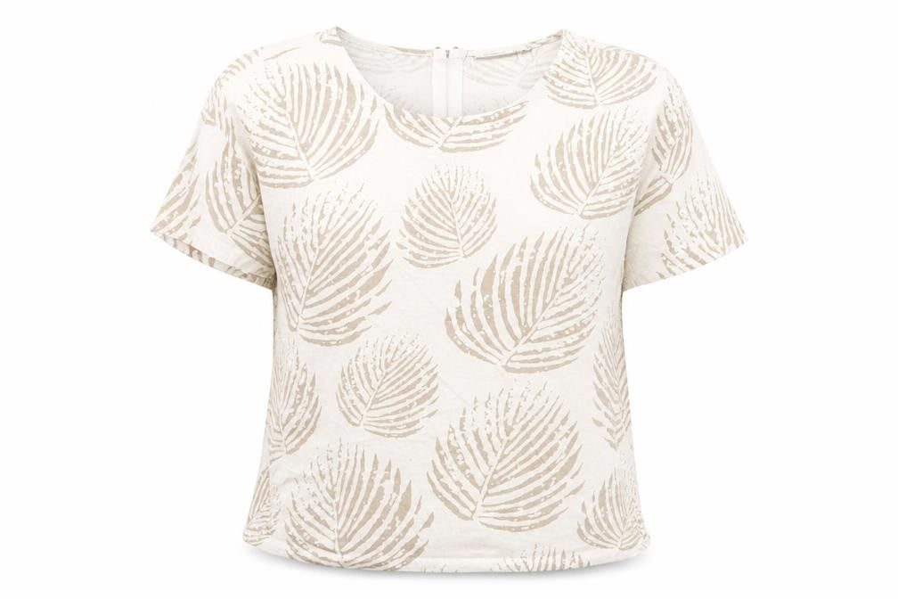 Front view of Fransa Women Beige Leaf Print Cotton Short Sleeve T-Shirt M