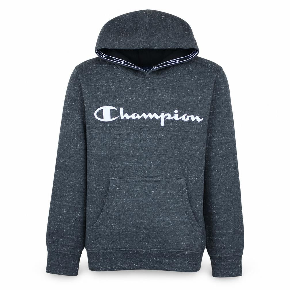 Front view of Champion boys’ grey pullover hoodie 11-12 years fleece logo sweatshirt