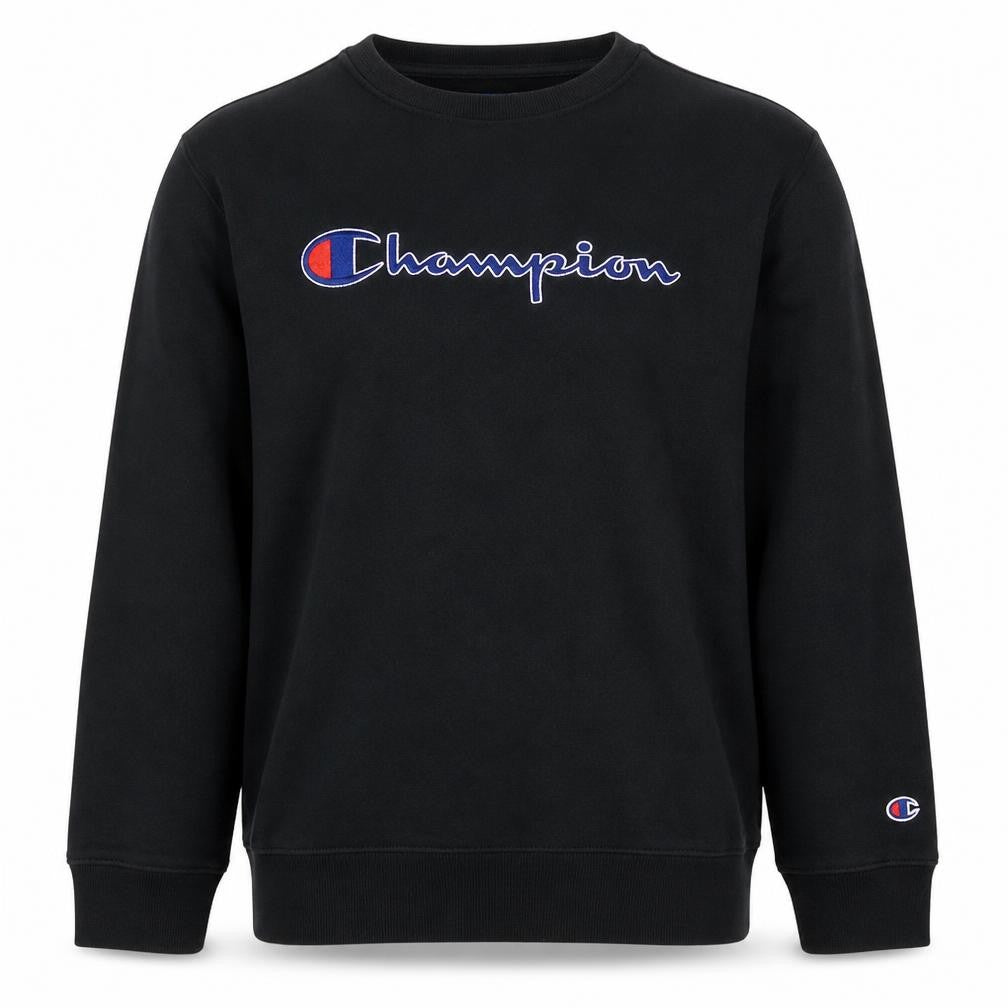 Front view of Champion boys’ black pullover sweatshirt l embroidered logo crew neck