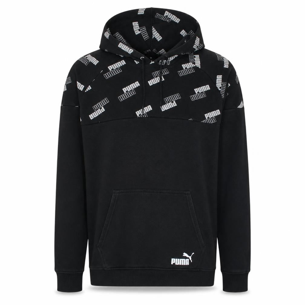 Front view of Puma men’s black pullover hoodie small logo sportswear fleece