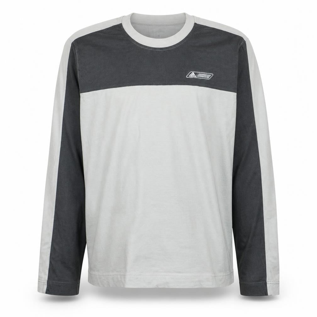 Front view of Adidas men’s grey long sleeve pullover sweatshirt, size L