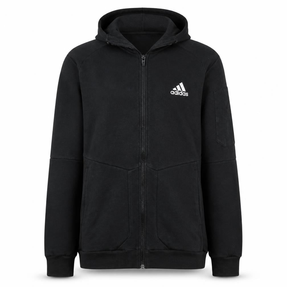 Front view of Adidas Men's Black Full Zip Hoodie, size S, Sportswear