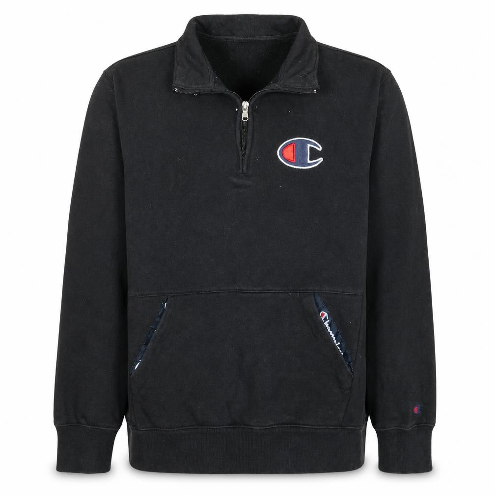 Front view of Champion men’s black medium 1/4 zip fleece sweatshirt