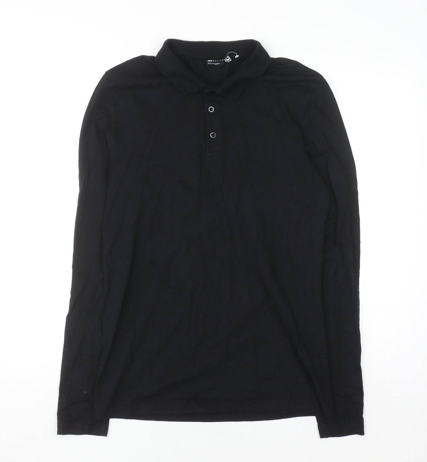 ASOS DESIGN Mens Black Long Sleeve Slim Fit Cotton Polo Shirt L