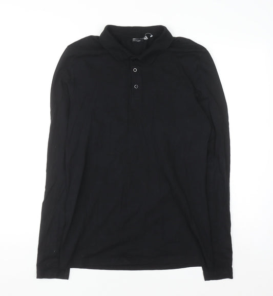 ASOS DESIGN Mens Black Long Sleeve Slim Fit Cotton Polo Shirt L