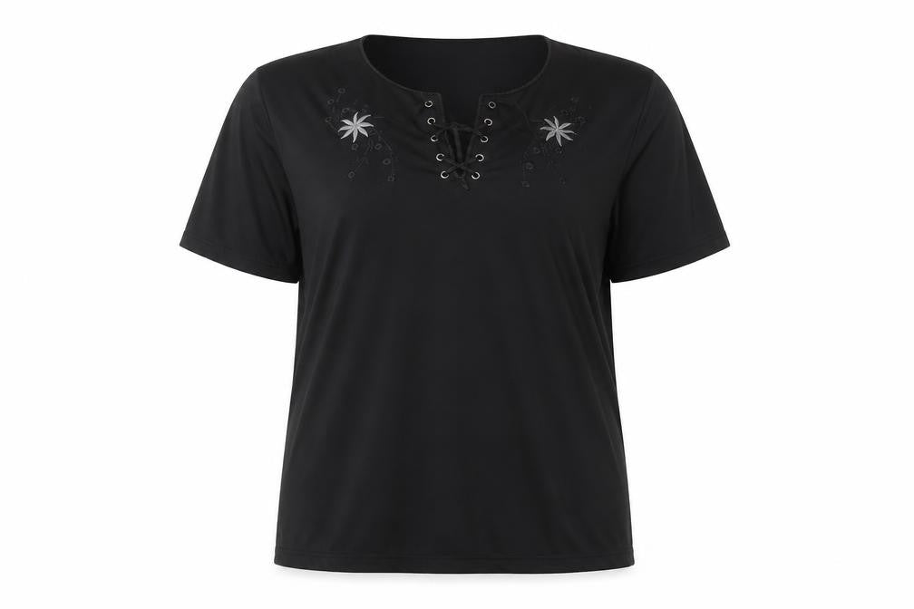 Front view of Hoang Collection Women's Black Cotton Blend Lace Up Tunic T-Shirt L