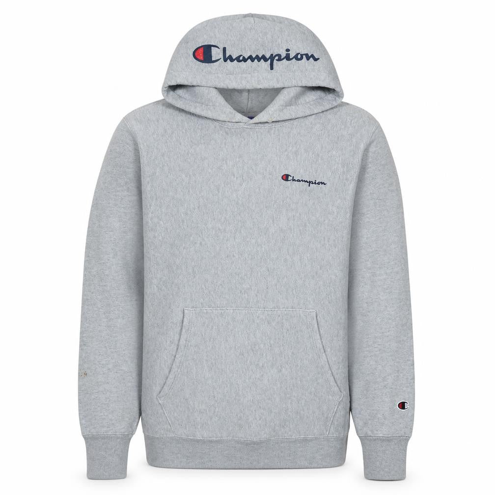 Front view of Champion Men's Grey Medium Pullover Hoodie Embroidered Logo