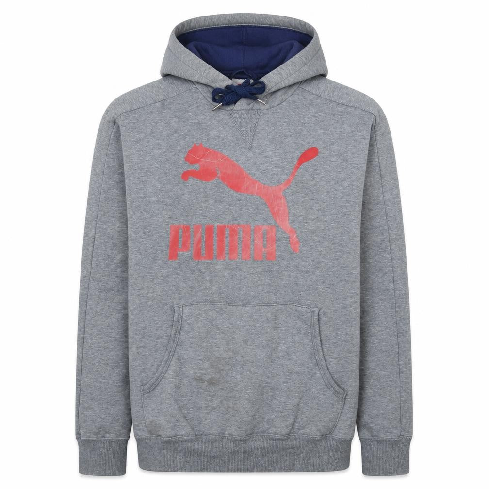 Front view of Puma Men's Grey Pullover Hoodie L Graphic Logo Fleece Sportswear