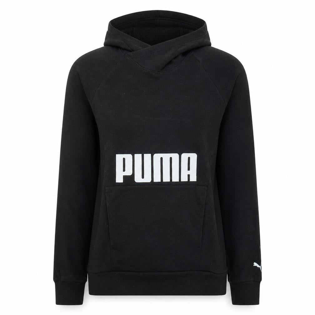 Front view of Puma women’s black pullover hoodie l training logo sweatshirt