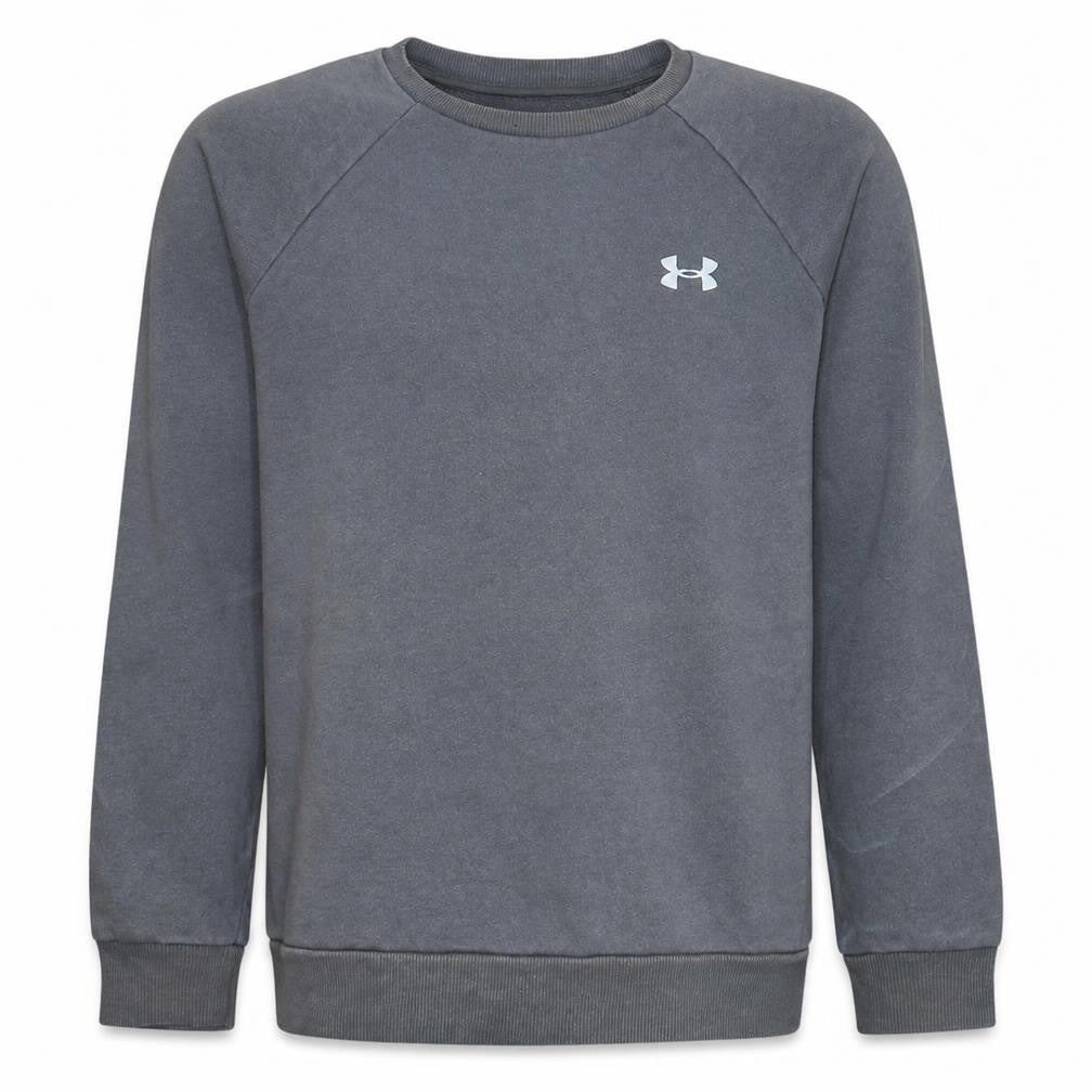 Front view of Under Armour boys’ grey pullover sweatshirt, size S, loose fit crew neck