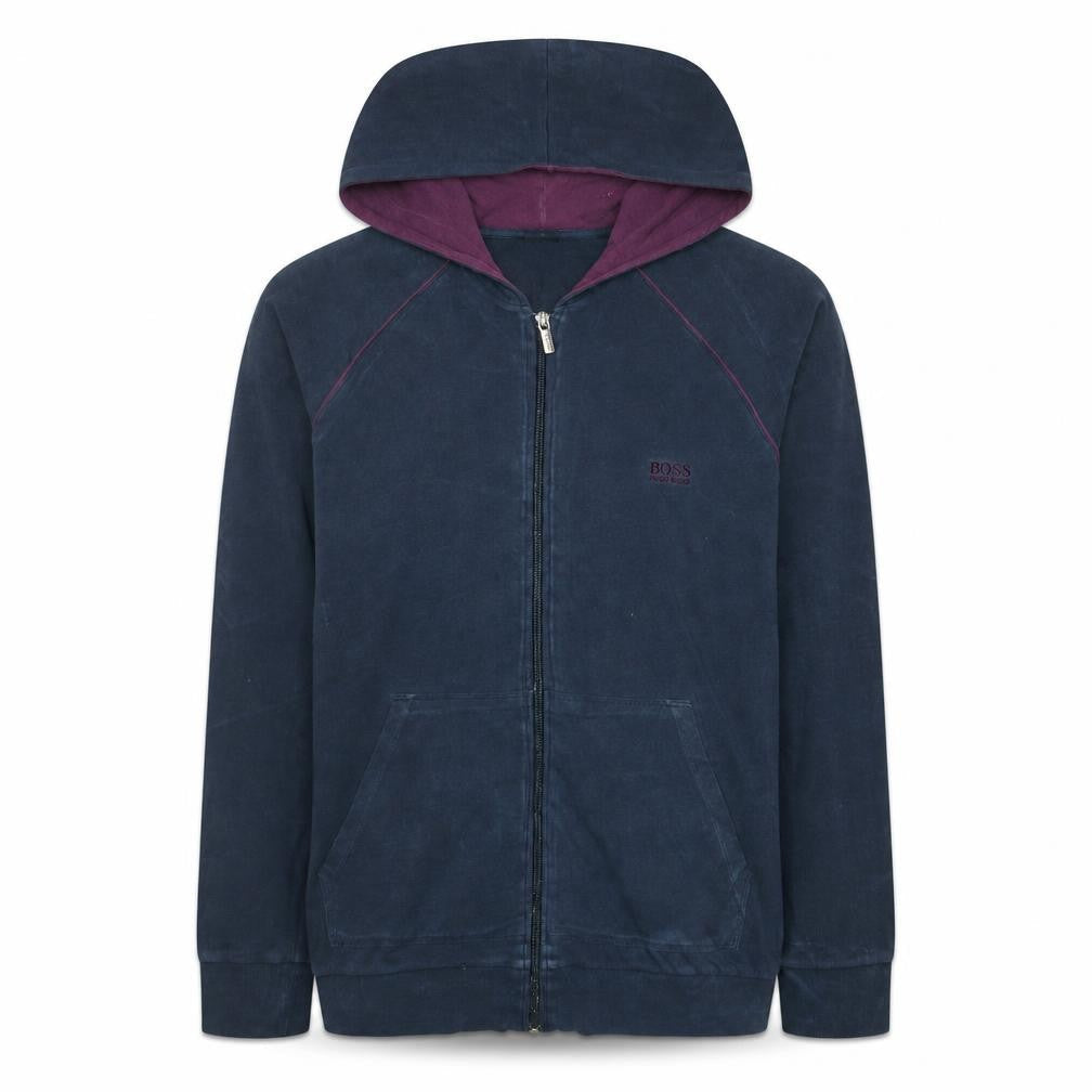 Front view of Hugo Boss women’s navy full zip hoodie, size L, cotton blend