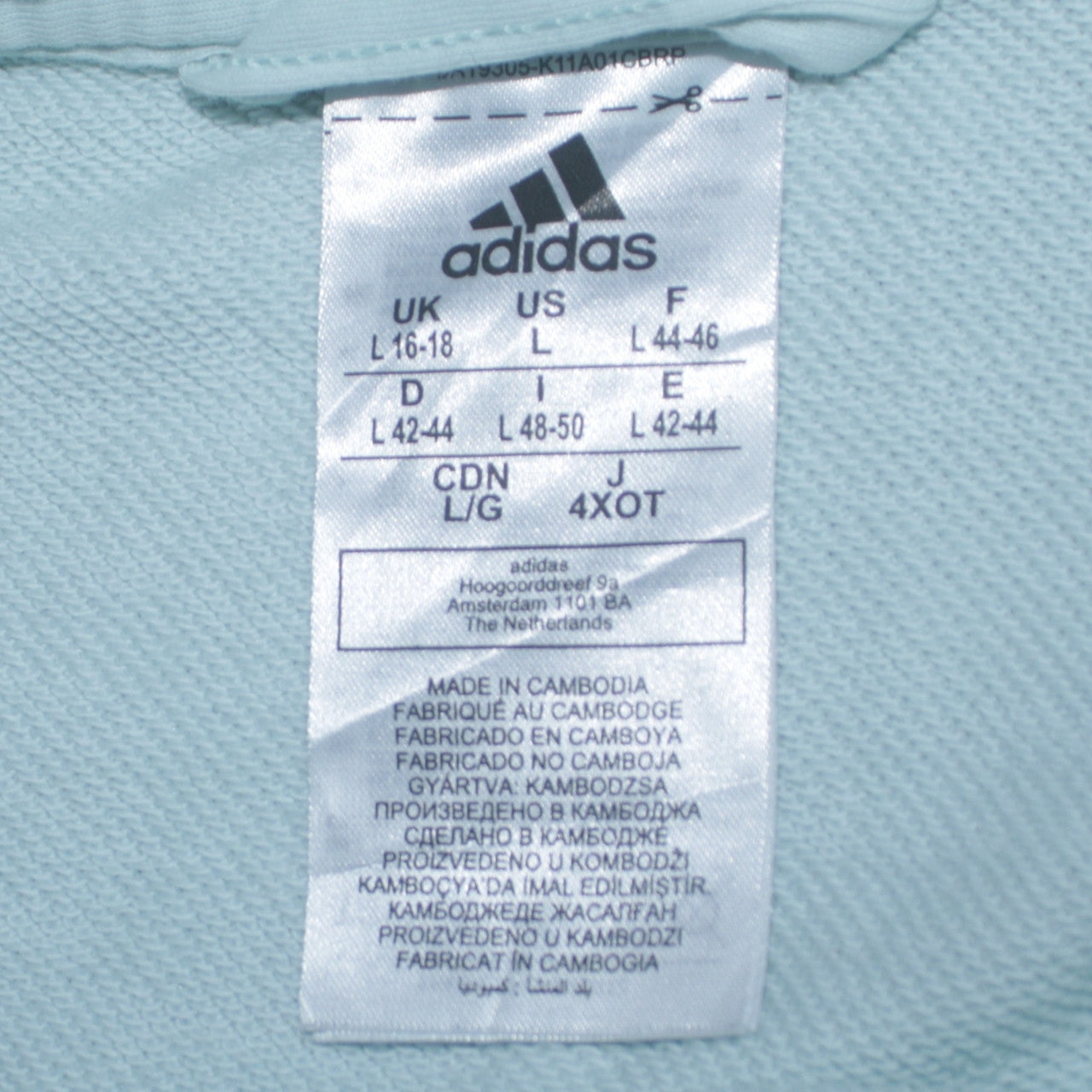 Adidas Women Light Blue Full Zip Hoodie Size L16-18 Cotton Blend