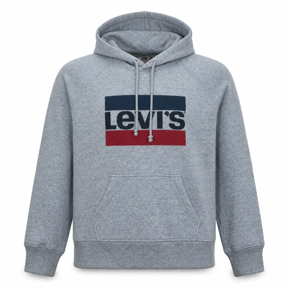 Front view of Levi's Men's Grey Pullover Hoodie Small Logo Fleece Sweatshirt