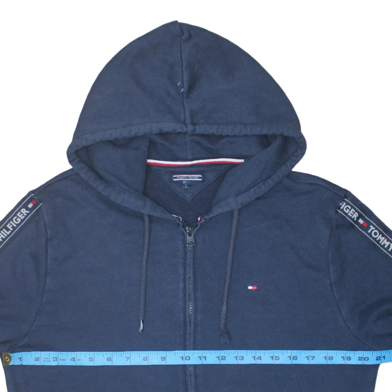 Tommy Hilfiger Men's Blue Full Zip Hoodie Size L Logo Tape Hooded Sweatshirt