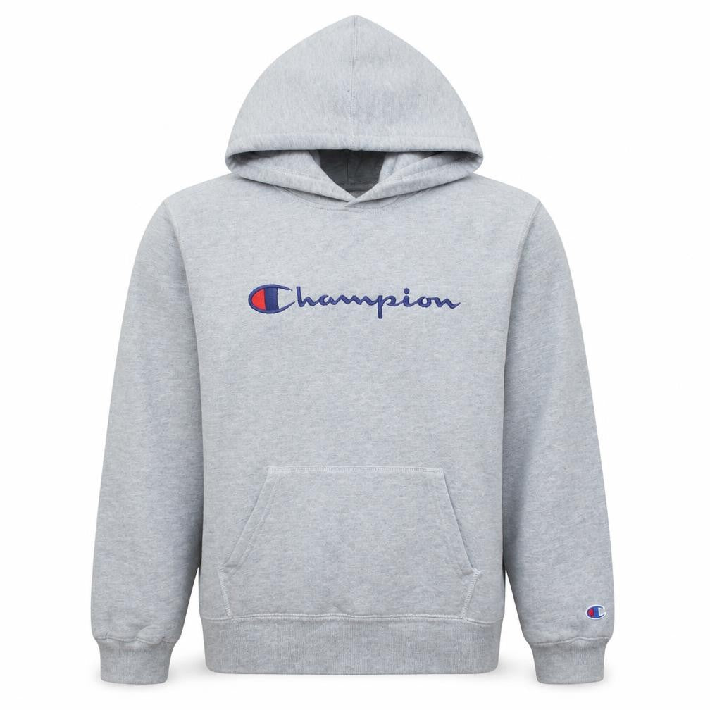 Front view of Champion Men's Grey XL Pullover Hoodie Embroidered Logo Fleece