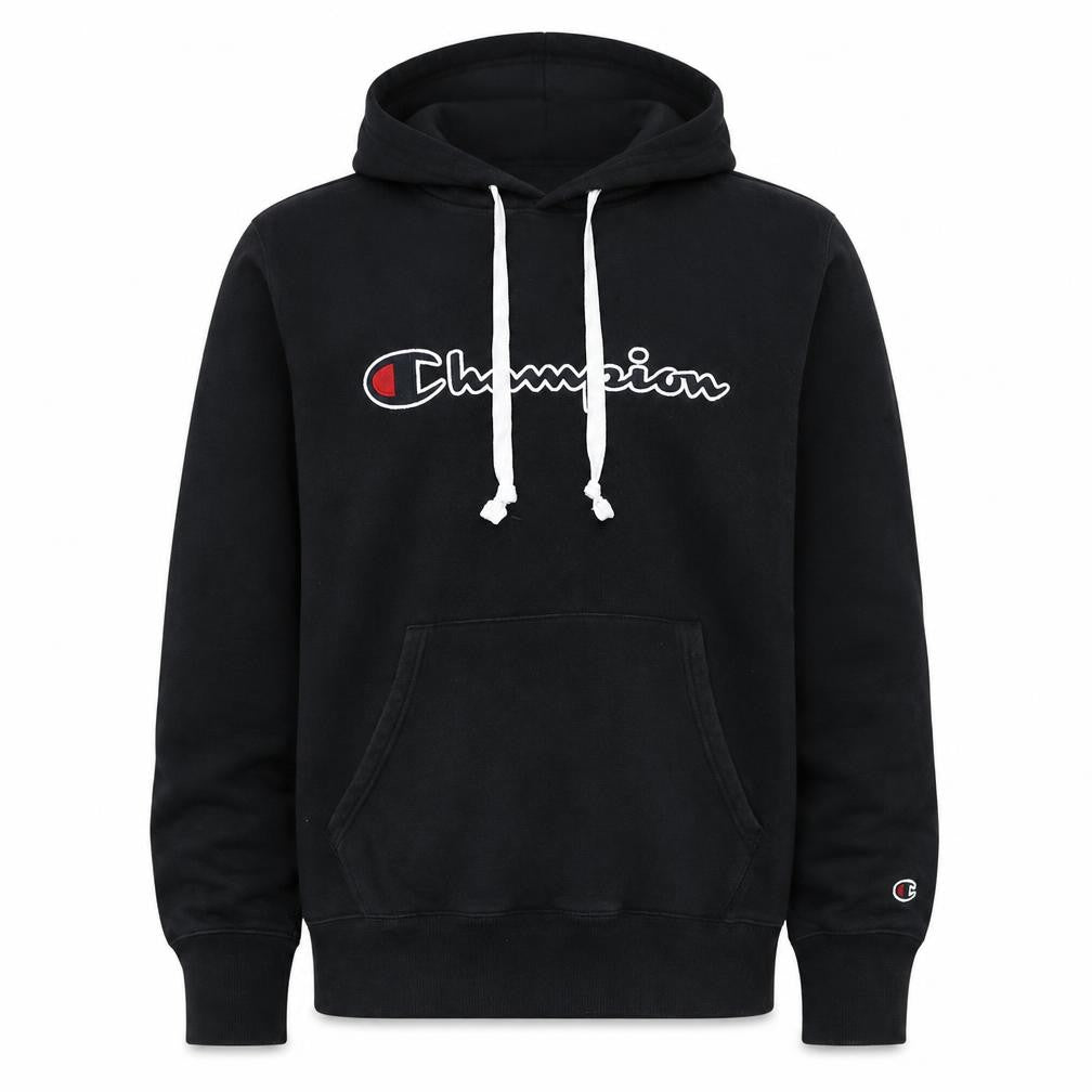 Front view of Champion Men’s Black Large Pullover Hoodie with Logo Embroidery