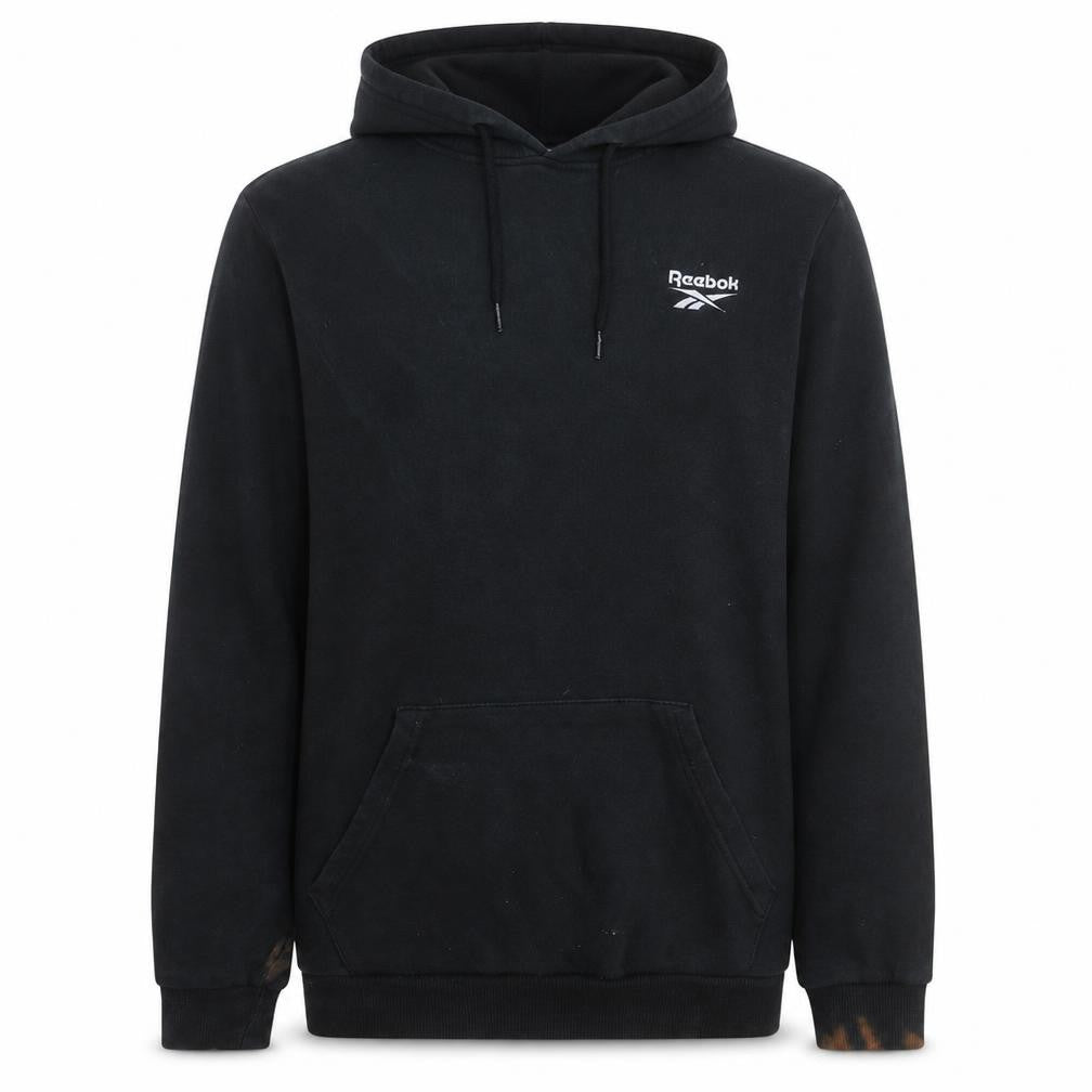 Front view of Reebok Men’s Black Pullover Hoodie Fleece Medium Regular Fit